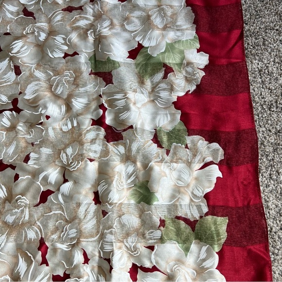 Bayadere 100% Silk Floral Red and White Scarf, 34” x 34” - Picture 4 of 7